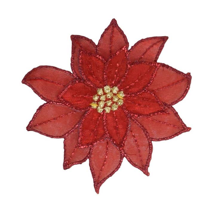 Red Christmas Poinsettia Flower, 3-D Layered Petals - Iron on Patch 2-7/8" for wholesale by Wholesale Applique