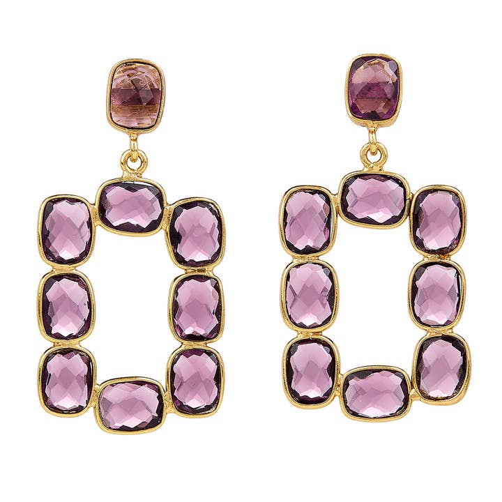 Boucles d'oreilles pendantes ouvertes à lunette rectangulaire Amethyst Mini Oprah pour la vente par Elyssa Bass Designs