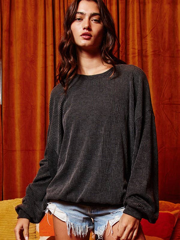 BUCKETLIST INC - Wholesale Sweatshirt - Women's - T1951 Stripe Textured Knit Comfy Sweatshirt16