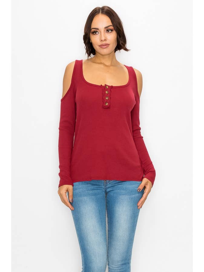 Haut boutonné à manches longues et épaules dénudées pour la vente par T-Party