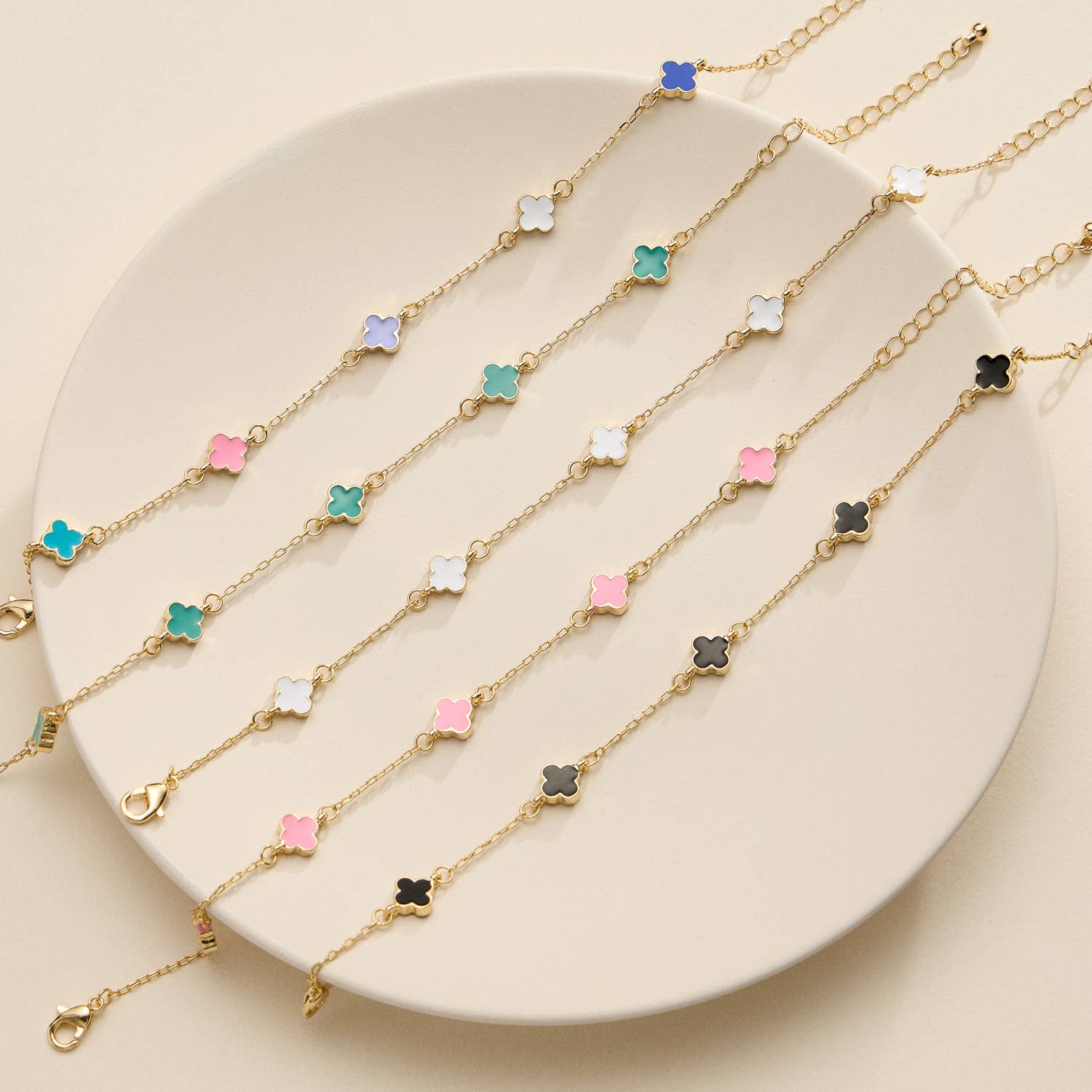 Lilla Haven - Wholesale Charm/Dangle Bracelet - Gold Clover Charm Bracelet – Elegant Dainty Chain with Enamel Accents1