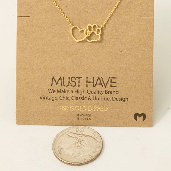 Fame Accessories - Wholesale Pendant/Charm Necklace - Gold Dipped Dog Paw Heart Cutout Pendant Necklace