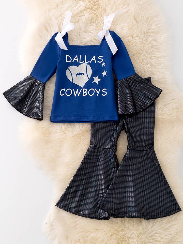 Haut Dallas avec manches cloche et pantalon scintillant. OFG42764 SOL pour la vente par Kids Charm Online