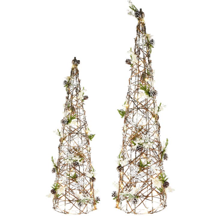 Sæt med 2 kegler m/julegrønt, rattan, LED, 20x20x80cm for engroshandel hos Dekoratief