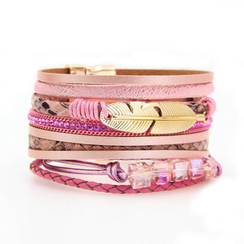 Mio Queena - Wholesale Jewelry Set - BOHO Beaded Leather Bracelet Feather Pendant - BJ/LB3