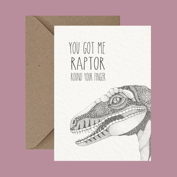 Tarjeta de felicitación You Got Me Raptor Round Your Finger, juego de palabras para venta al por mayor de Little Dot Creations