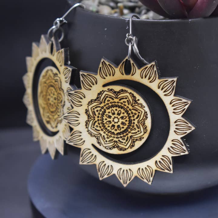 Sun & Moon Mandala Wooden Earrings for wholesale by Three Turtles Designs