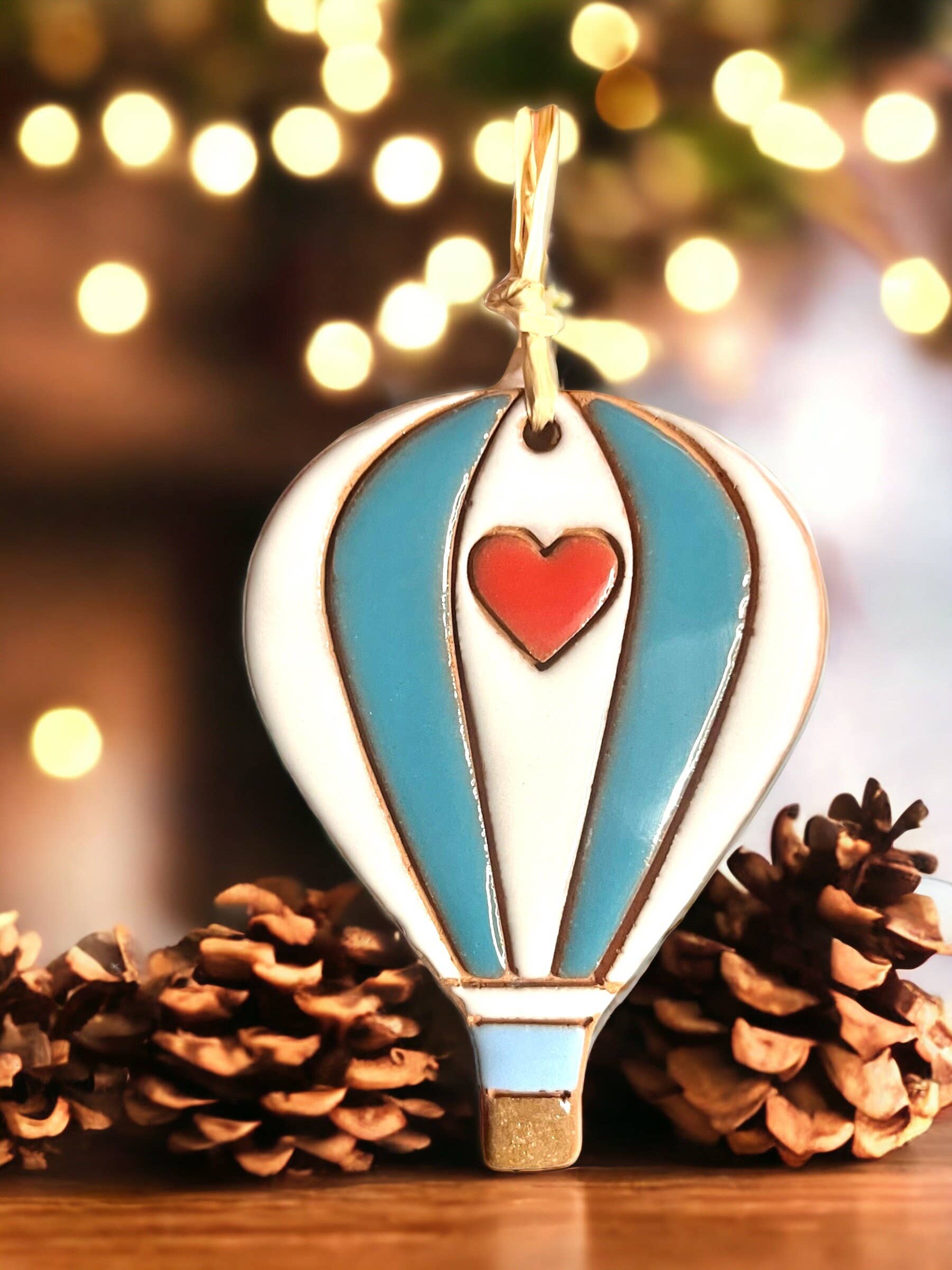 Little Clay Hen - Wholesale Ornament - Hearts & Stripes Hot Air Balloon Artisanally Crafted Ornament1