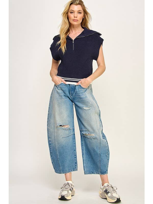 Denim Blue MID RISE BARREL JEAN WITH DISTRESSED DETAIL for wholesale on Faire4