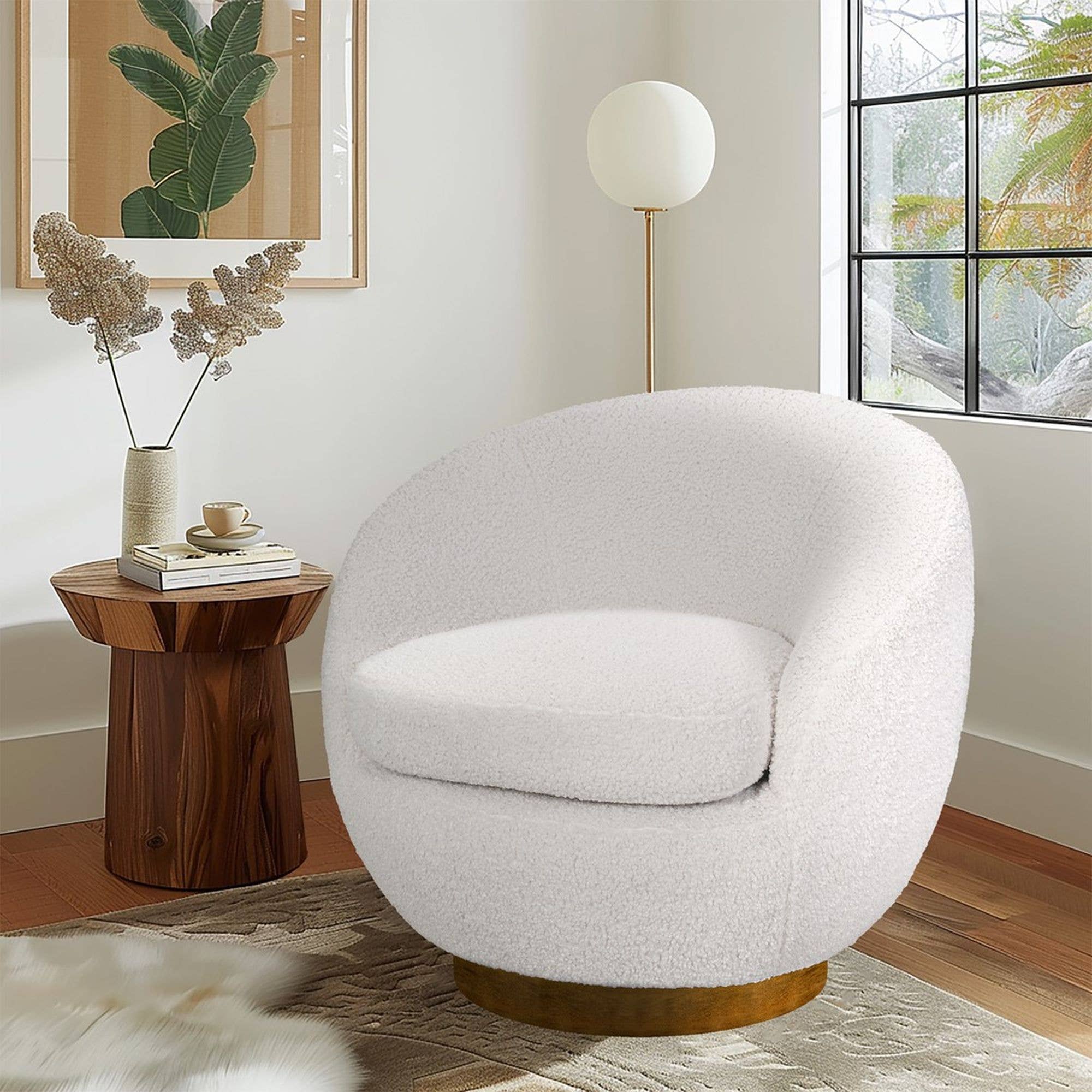 Olliix - Wholesale Chair - Cream Shearling Sherpa Swivel Chair with Wood Base *0