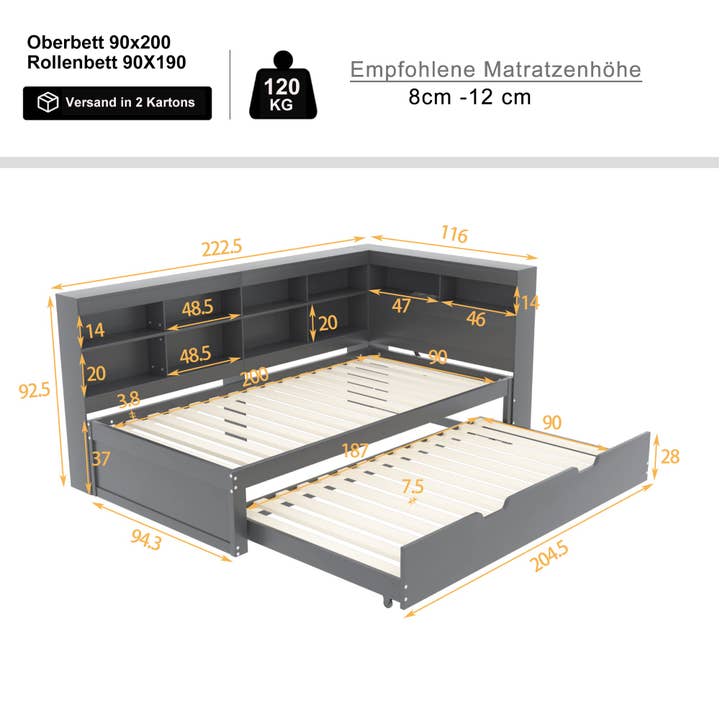 Urban Meuble - Wholesale Bed - Solid wood trundle bed gray 90*200 with USB port and multiple storage GIRCAET2