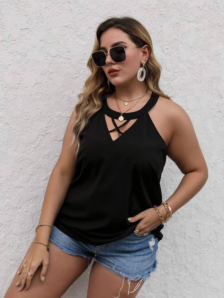 Flarix - Wholesale Knit Top - Women's - plus solid criss cross halter top