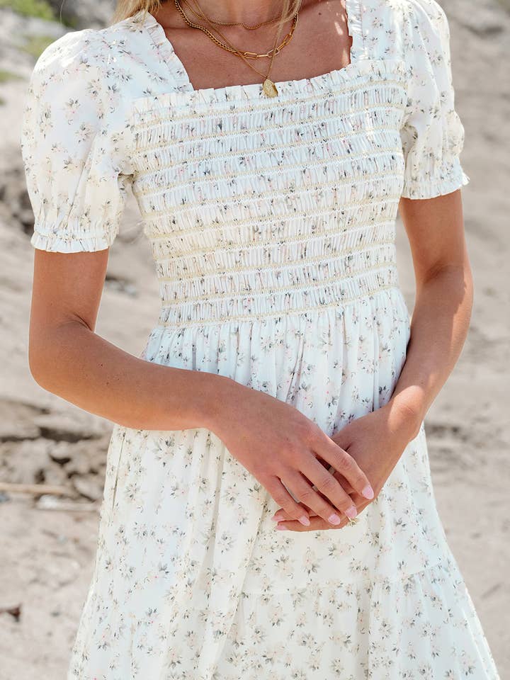 White Frilly Shirred Bodice Tiered Floral Maxi Dress for wholesale on Faire5