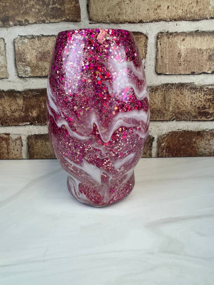 Glass Vase - Pink with Swirl Designs and Glitter Accents for wholesale by Dandi Creations
