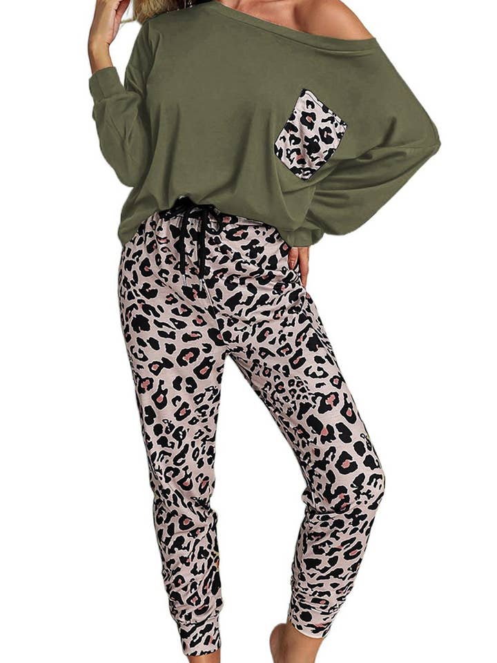 Fashion Combination - Wholesale Lounge Set - Women's - casual long sleeve leopard pants loungewear set