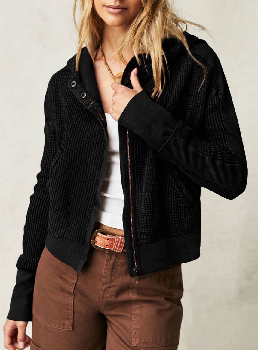 Rosa Clothing - Wholesale Hoodie - Women's - half button zip up waffle crop hoodie sweatshirt jacket0