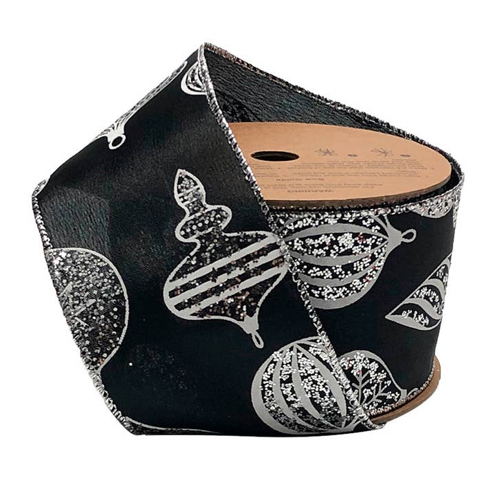 Nastro cablato da 2 1/2" | "Glitter Ornament" Nero/Argento | Rotolo da 10 iarde per la vendita all'ingrosso da parte di LA Ribbons Wholesale