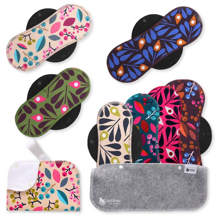 Organic Cotton Reusable Menstrual Pads with Wings Multipack (Sizes S, M, L, XL) - Grapes & Peacock (black wings) for wholesale by natissy
