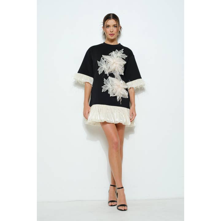 BLACK Bead Embellished Floral Applique Mini Dress for wholesale on Faire