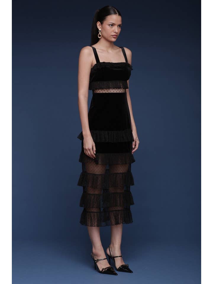 Black Velvet & Tulle Tiered Midi Dress for wholesale on Faire3