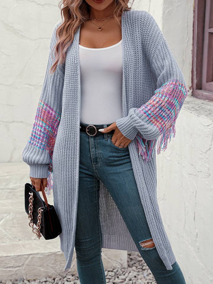 Color-Blocked Fringed Long Knitted Sweater Cardigan for wholesale by Rosa Clothing