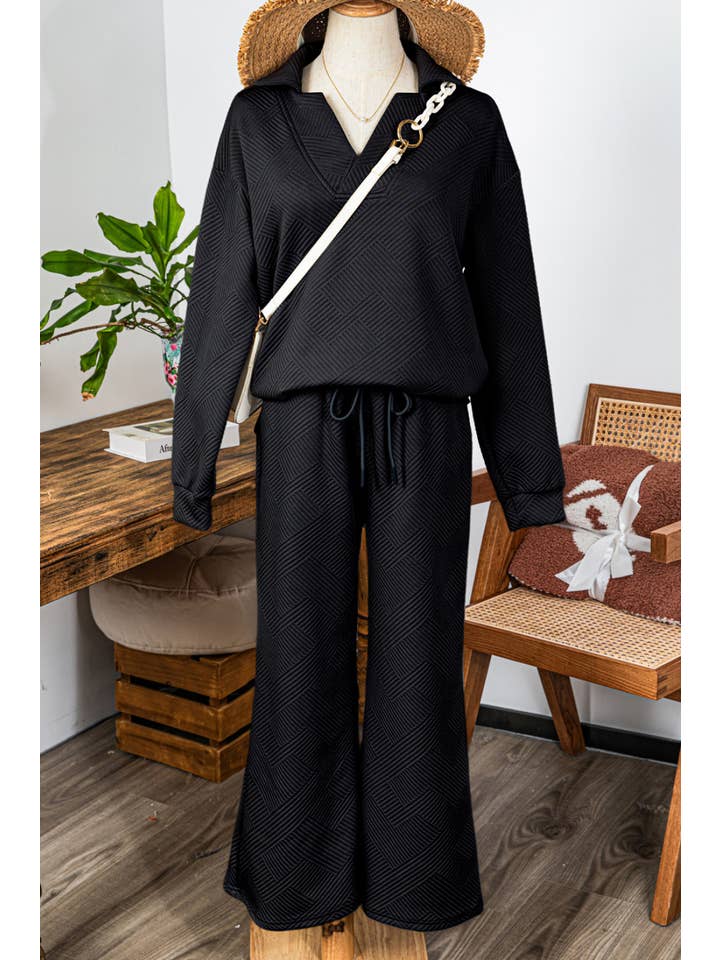 fashionworks - Wholesale Lounge Set - Women's - Fall Solid Texture Collar Top and Long Pants Set*S-2XL