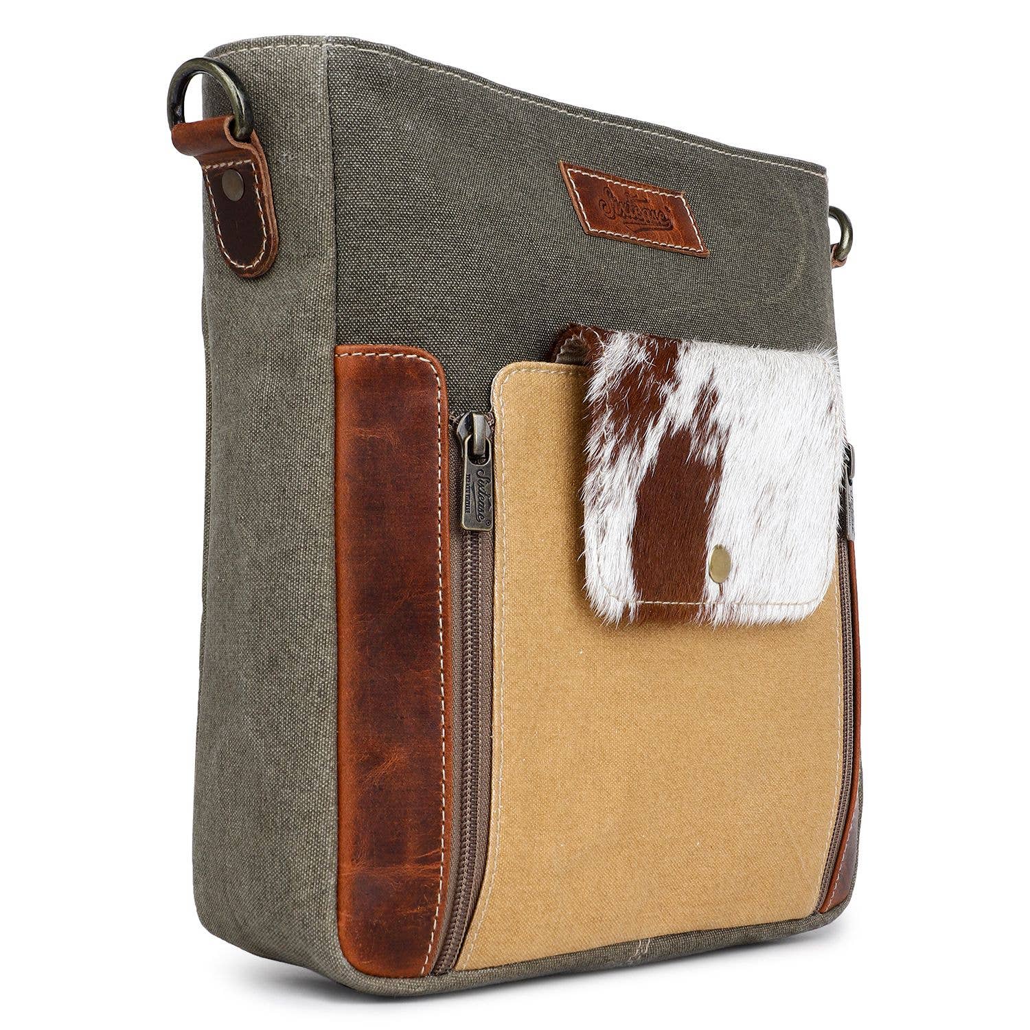 Sixtease Bags USA - Wholesale Crossbody Bag - Women's - Canvas Cowhide & Leather Women Crossbody - Buff/Walnut Brown1