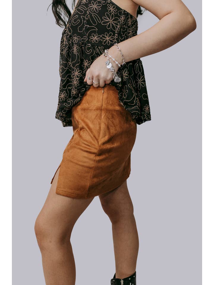 Brown MK697 Suede Side Slit Skort for wholesale on Faire