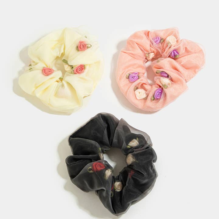 Three Piece Rose Print Scrunchie Set for wholesale by Collections by Fame Accessories