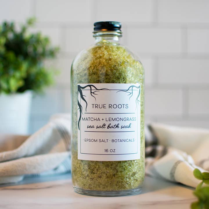 Matcha + Lemongrass Bath Soak for wholesale by True Roots Collaborative