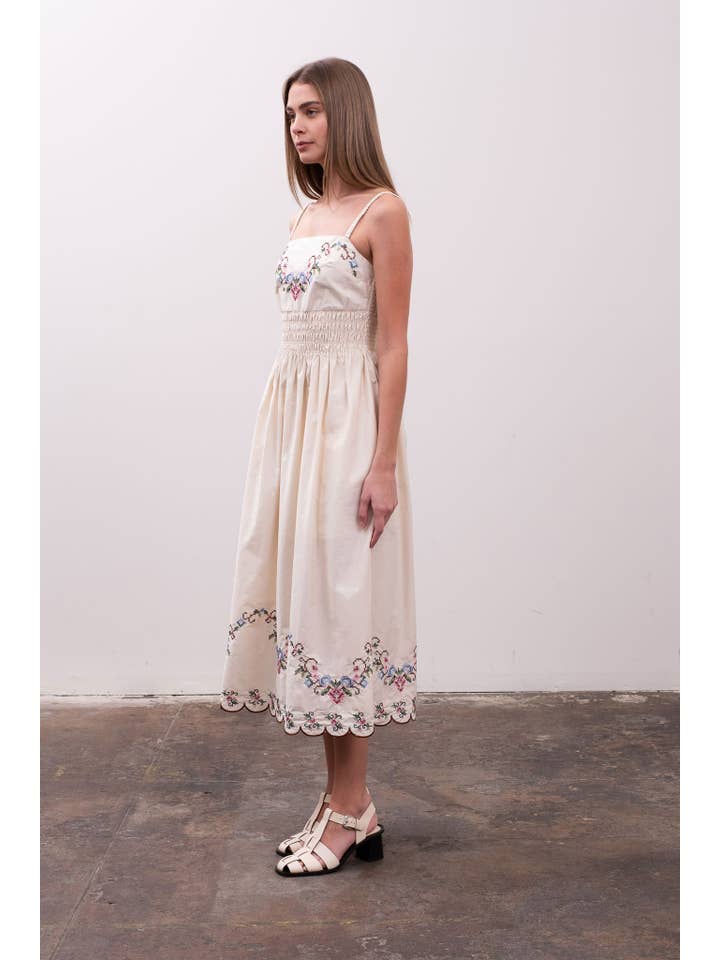 CREAM MULTI MULTICOLOR EYELET EMBROIDERY DETAIL MIDI DRESS for wholesale on Faire