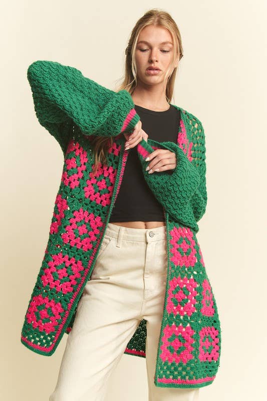 JADE BY JANE - Vente Cardigan – femme - Cardigan en maille ouverte bicolore en crochet carré à motif floral14