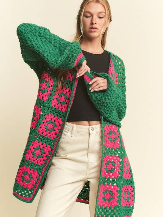 JADE BY JANE - Vente Cardigan – femme - Cardigan en maille ouverte bicolore en crochet carré à motif floral14