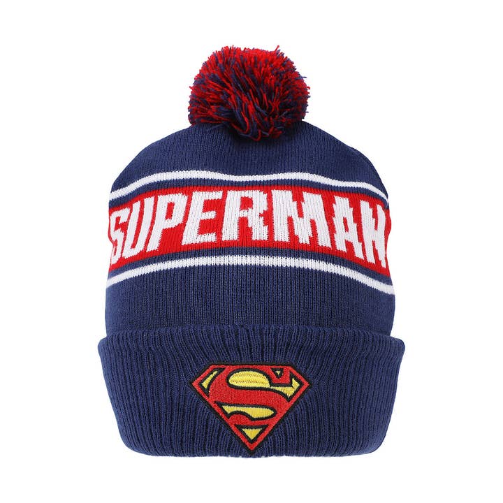 Superman Logo & Name Text Blue Cuff Beanie for wholesale by Bioworld Merchandising