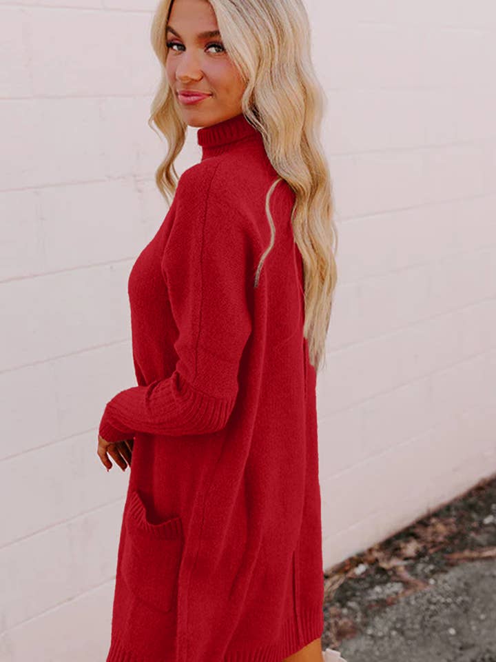 Lovesoft – Engroshandel Kjole - Dame – Kastanjebrun ribbet højhalset kjole med forlommer og midtersøm.9