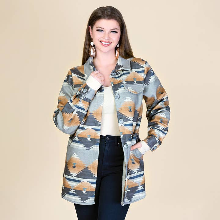 Brown Aztec Print Shacket with Pockets for wholesale on Faire1