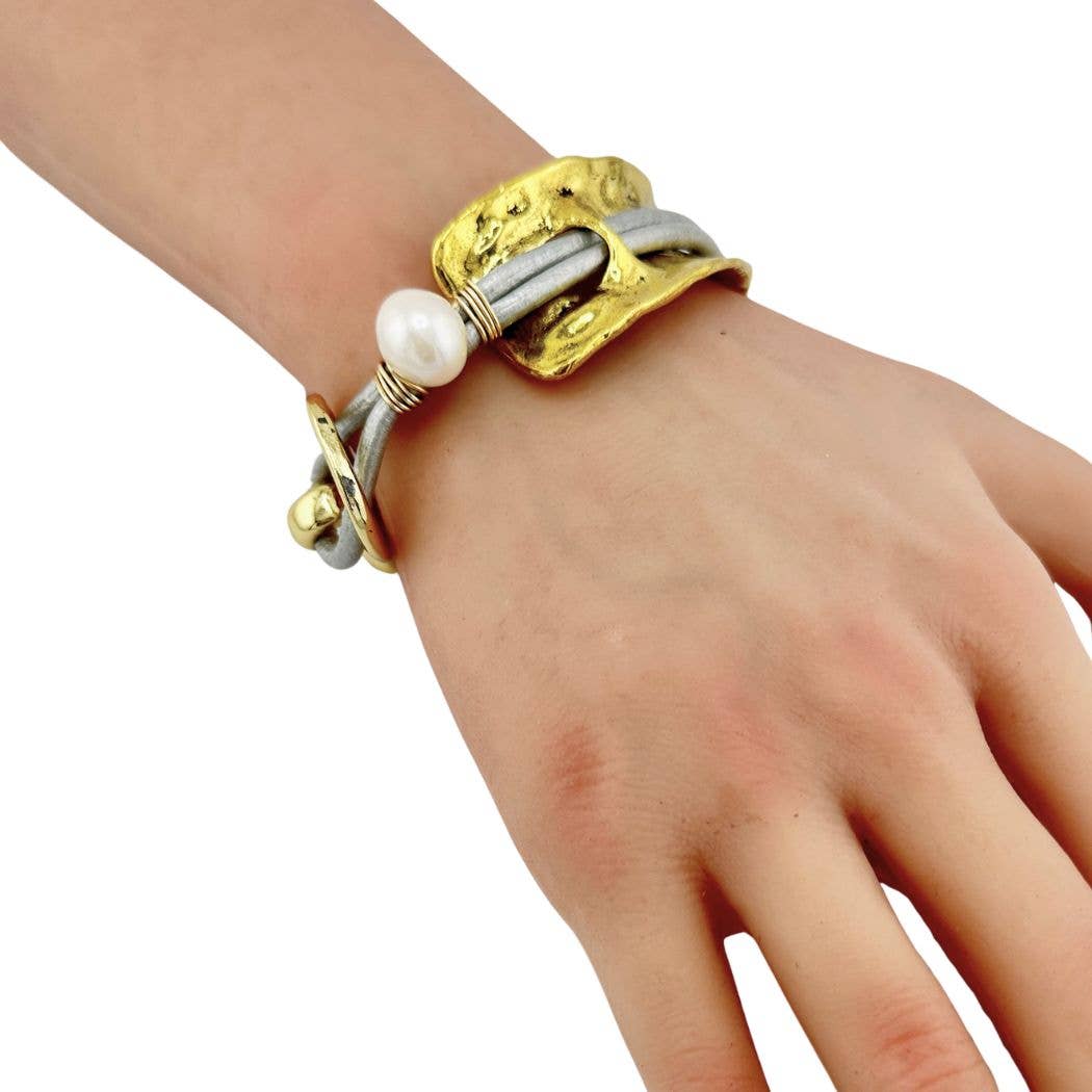 Beauty In Stone Jewelry - Wholesale Bangle Bracelet - Curved Cuff Bracelet With Leather & Pearl 7