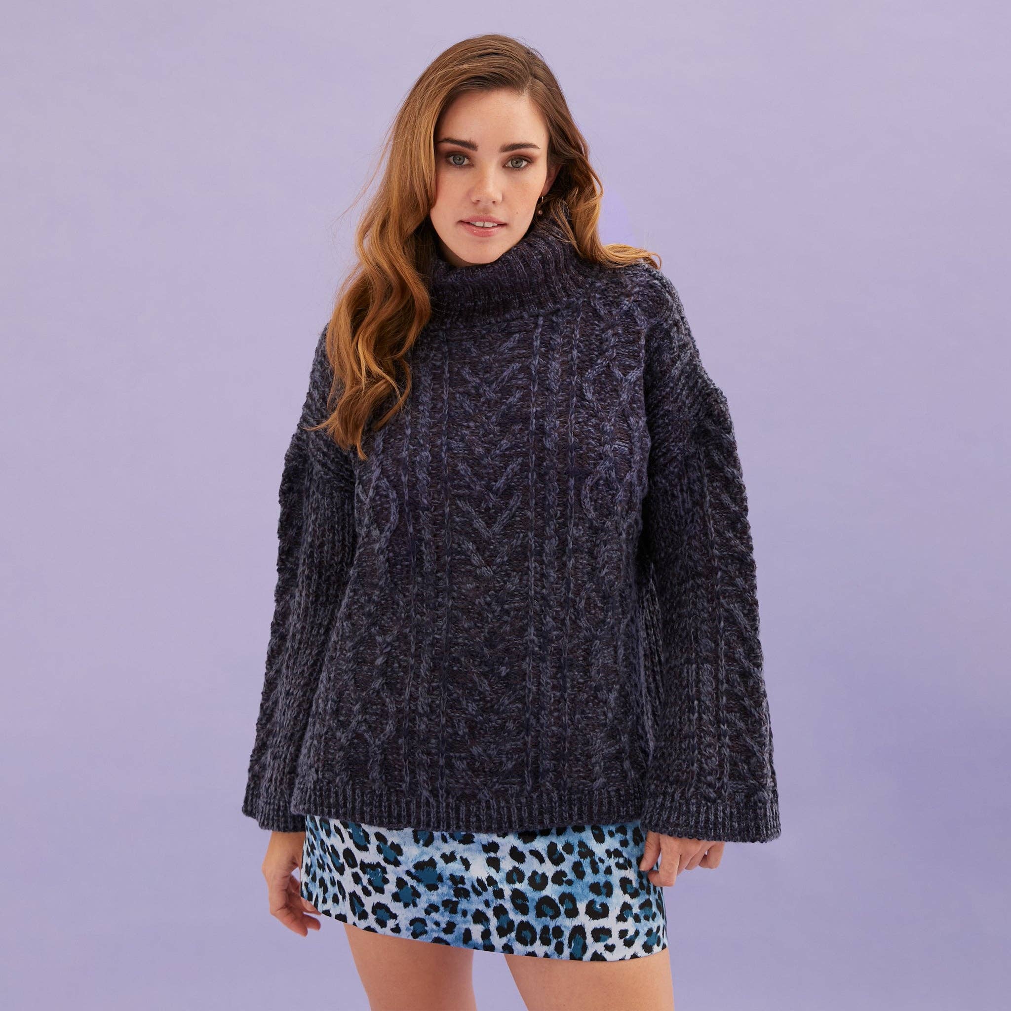Cara & The Sky - Wholesale Knit Sweater - Women's - Emily Cable Roll Neck Tunic Jumper - Navy Blue2