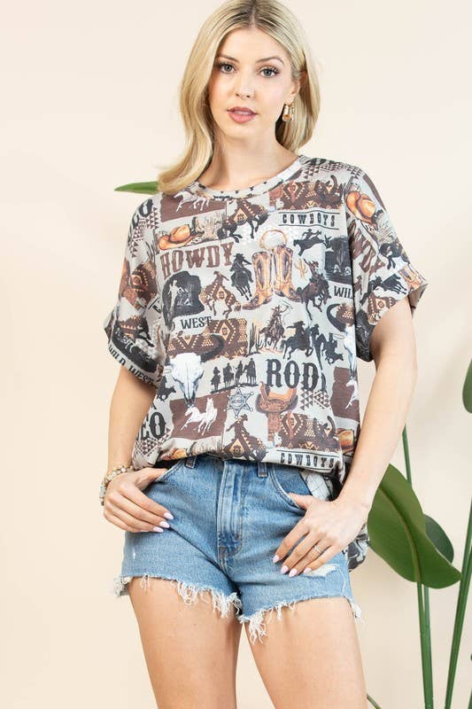 Gris/Marrón AT1291-TOP DE PUNTO AJUSTE RELAJADO CON ESTAMPADO OCCIDENTAL AUDREY de venta al por mayor en Faire2