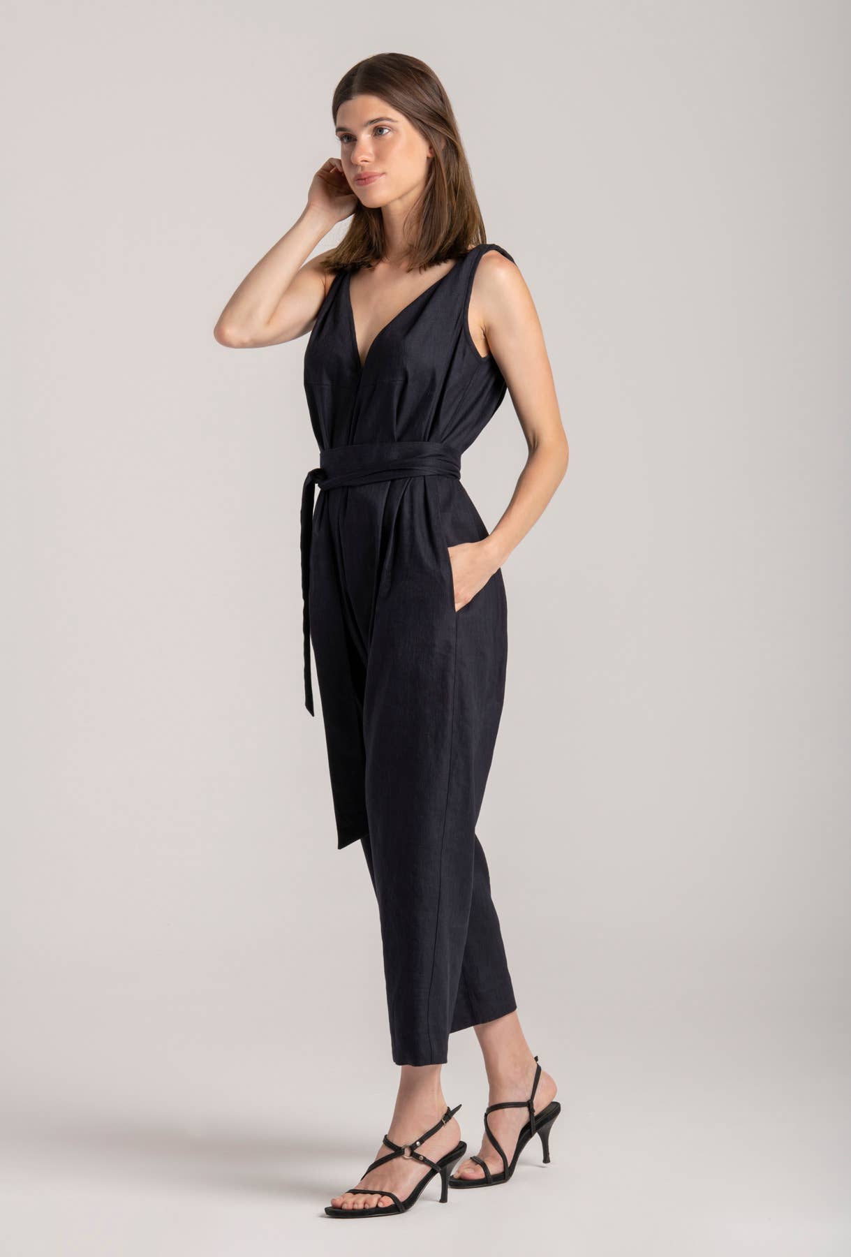 BLACK TITAN LINEN JUMPSUIT for wholesale on Faire1