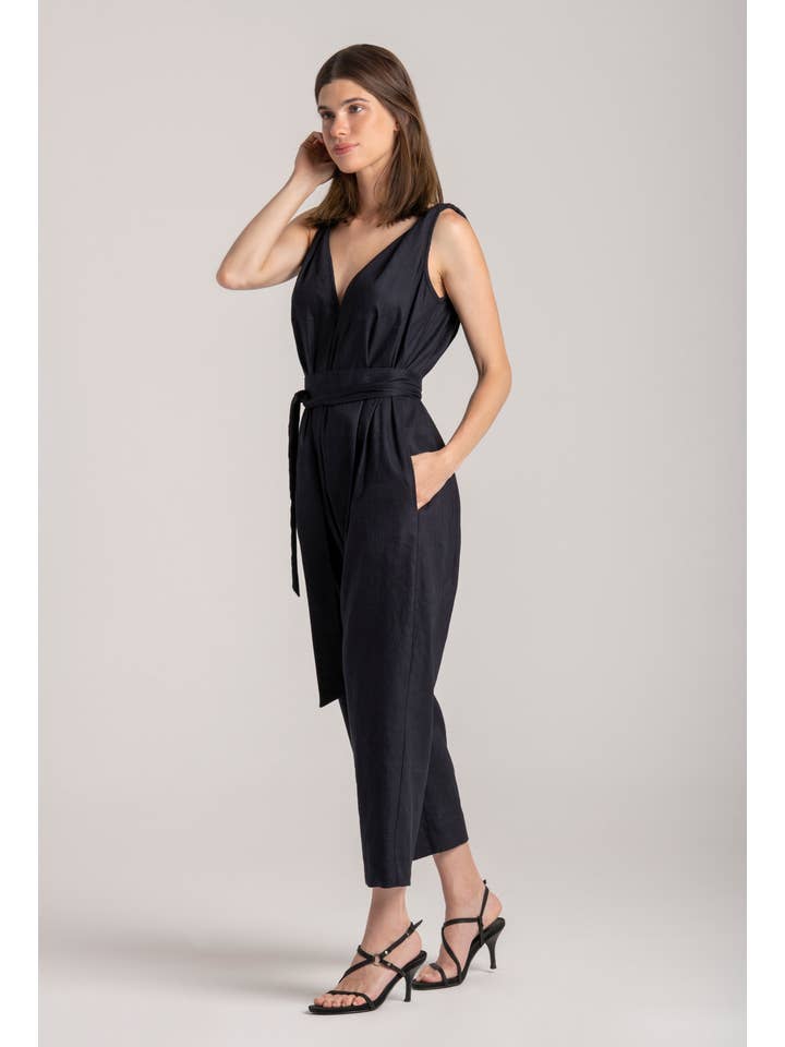 BLACK TITAN LINEN JUMPSUIT for wholesale on Faire1