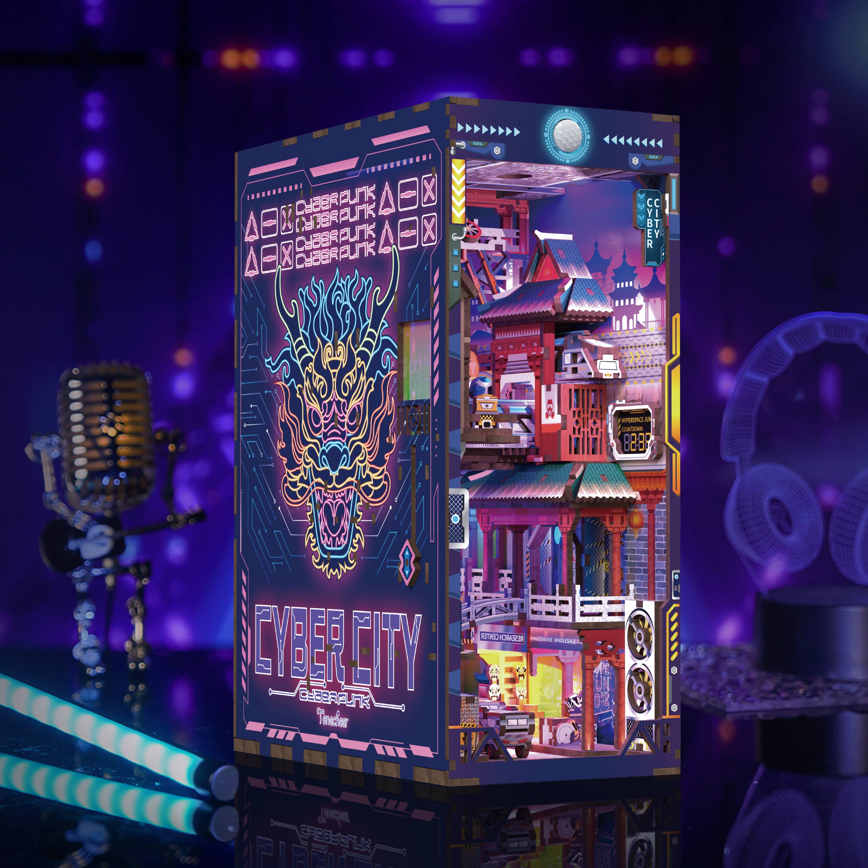 Hands Craft Intl – Engroshandel DIY-hobbysæt – DIY miniature hus boghylle kit: Cyber city med støvbeskytter1