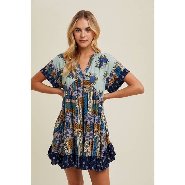 MINT COMBO MULTI-PRINT MINI DRESS / WL24-9552 for wholesale on Faire
