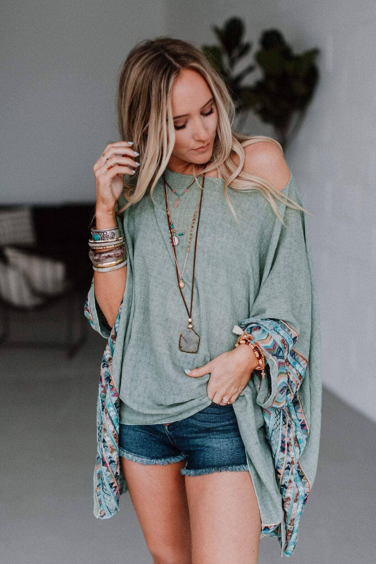 Fallon Embroidered Sleeve Poncho - Sage for wholesale on Faire3