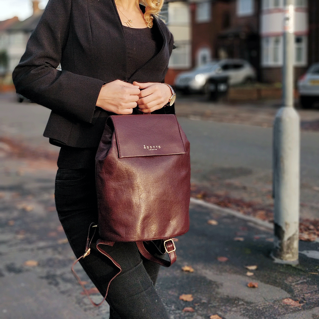 Assots London - Wholesale Backpack - Women's - 'JERMYN' Classic Burgundy Full Grain Leather Flap-over Bac1