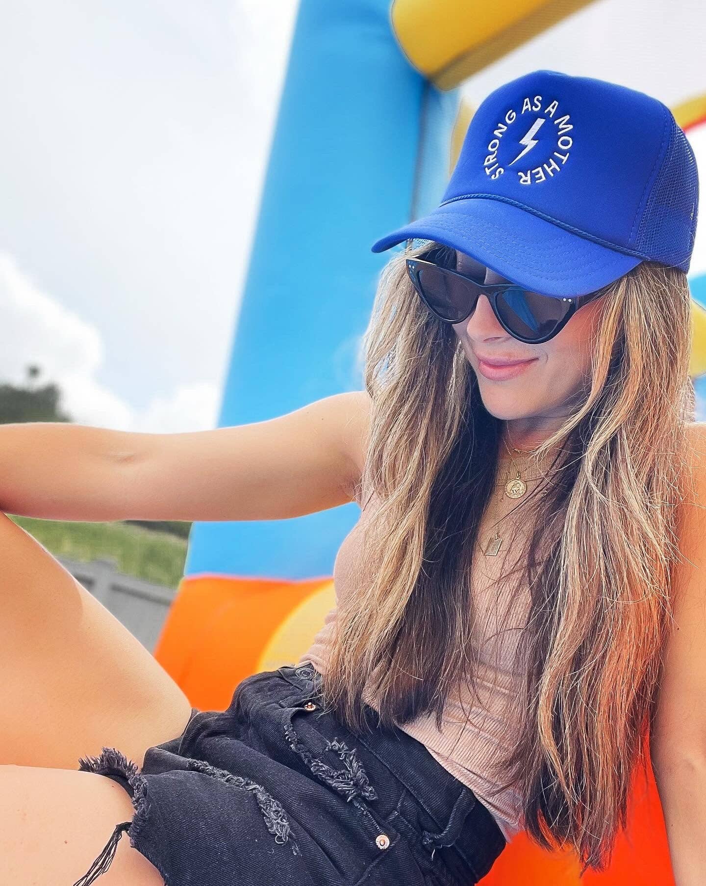 Strong as a mother® Embroidered Trucker Hat - Royal Blue for wholesale on Faire2