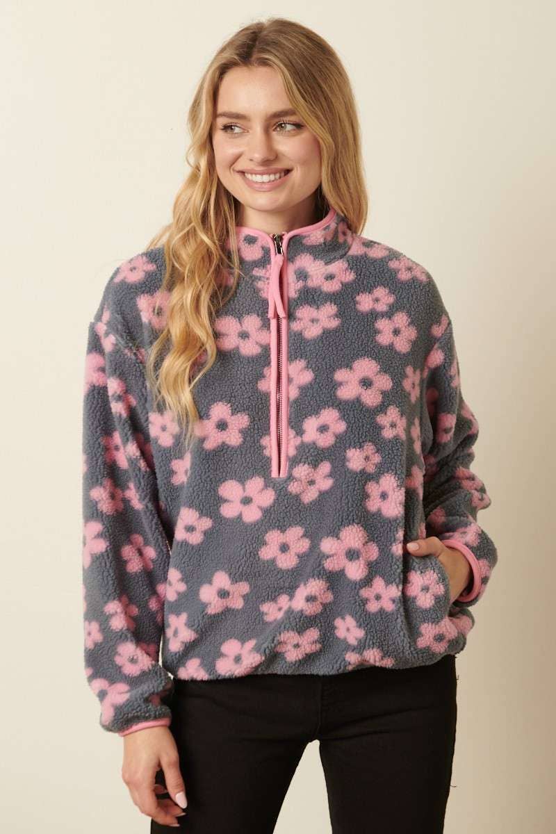 mittoshop - Vente Sweat-shirt – femme - PULL ZIPPÉ EN FOURRURE À MOTIF FLORAL4