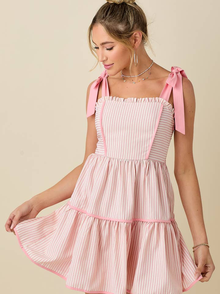 Stripe mini dress with ribbon shoulder strap for wholesale by BABY PINK