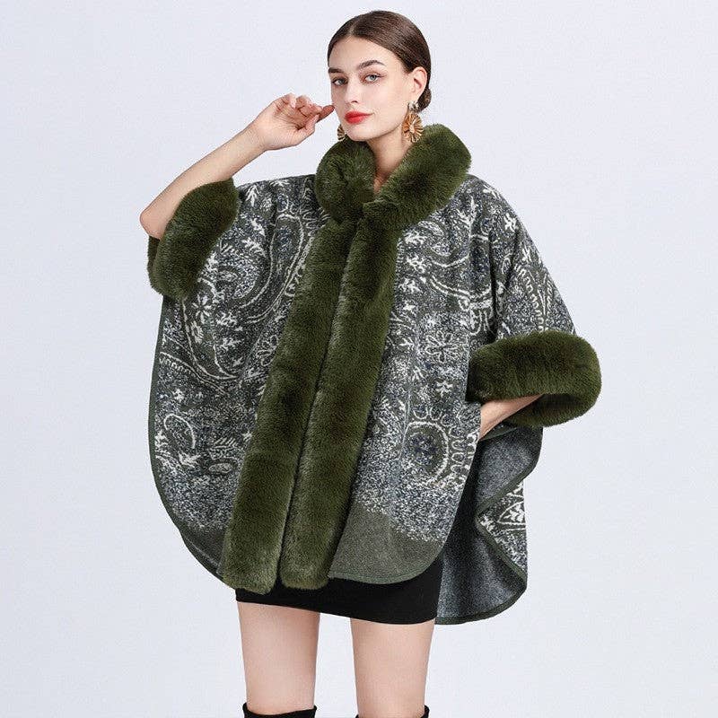 FurDecoration - Wholesale Poncho - Women's - Jacquard Hooded Shawl Poncho With Faux Otter Hair Collar4