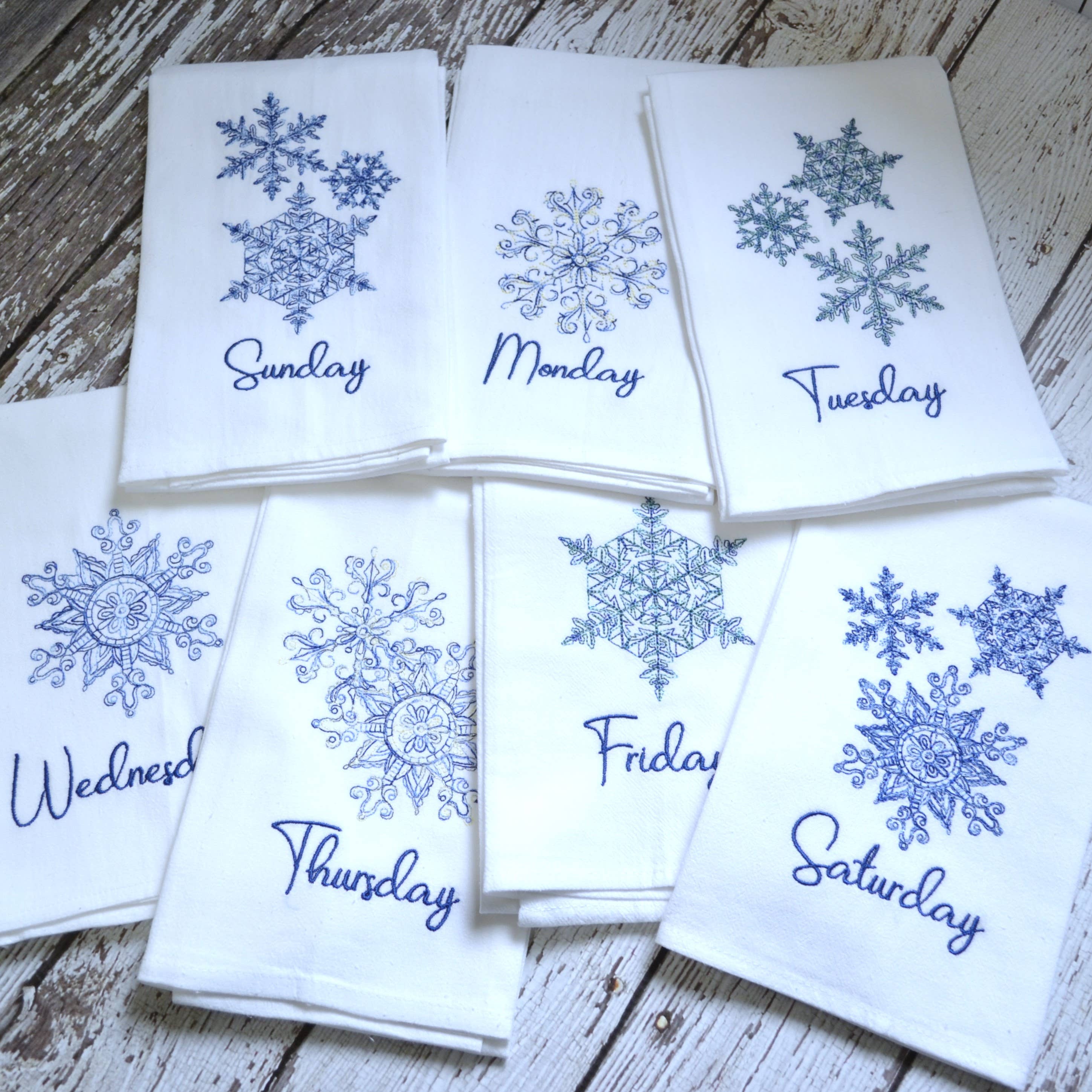SewMuchMoreStore - Wholesale Tea Towel - Embroidered Day of the Week Towels - Snowflakes, 7 Pack1